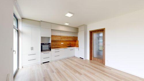 Modern white kitchen with handleless cabinets, wooden backsplash, and a glass-pane door on the right.