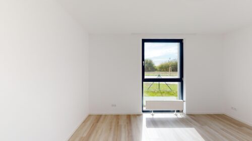 Bright empty room with white walls, light wood floor, and a tall window showing a green outdoor scene with a radiator beneath the window