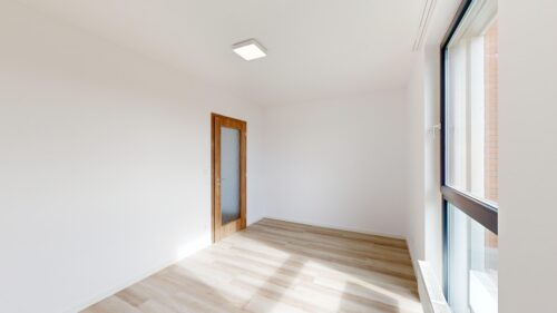 Bright, empty room with white walls, a wooden door, and a large window letting in natural light; light wood flooring throughout.