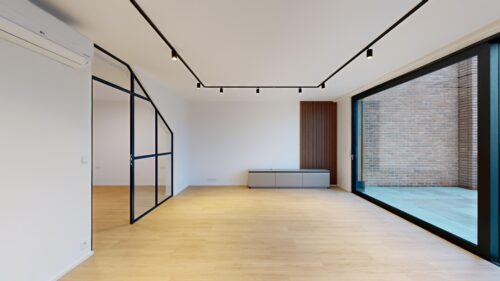 Bright modern living space with large glass doors to a brick exterior, light wood flooring, white walls, and black metal frames.