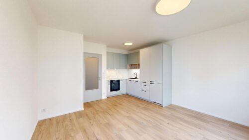 Open, minimalist kitchen in a bright room with light wood flooring and white walls; pale gray cabinets run along the corner with an oven built in.
