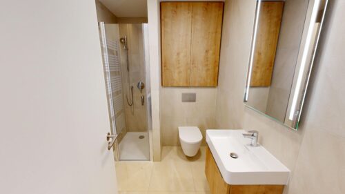 Modern bathroom with a glass-enclosed shower, wall-hung toilet, and a white rectangular sink under a curved illuminated mirror with wood cabinetry.