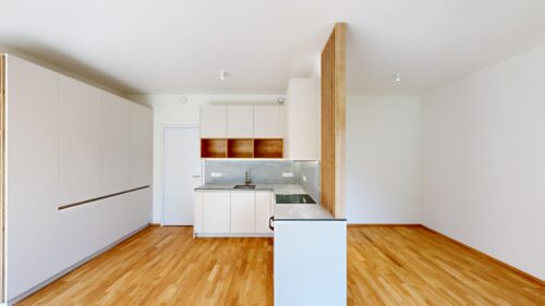 Modern kitchen with white cabinetry, a gray countertop island, wooden open shelves, and a wooden slat room divider.