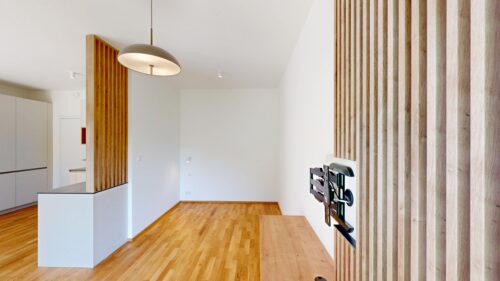 Modern minimalist living space with a vertical wood slat wall on the right, light hardwood floor, and a large circular pendant light overhead.