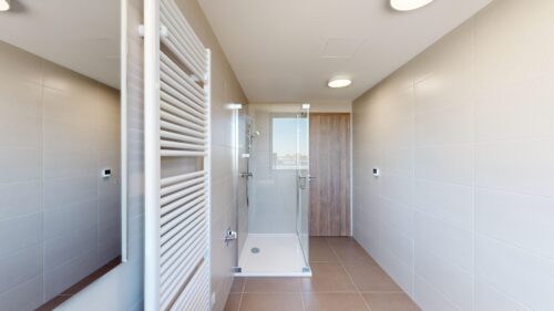 Modern bathroom with glass shower enclosure, white towel radiator, beige wall tiles, and a wooden door.