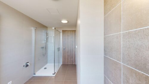 Modern bathroom with beige wall tiles, a glass shower enclosure, and a wooden door at the far end.