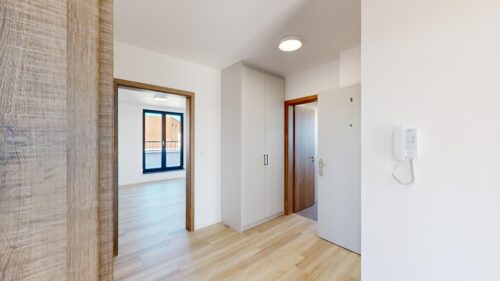 Bright hallway with light wood floors, white built-in cabinets, wooden door frame, and a wall intercom; a sunlit room with a window is visible through an open doorway.