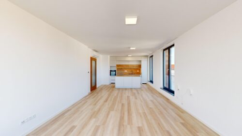 Bright open-plan living area with light wood flooring and a compact white kitchen at the far end.
