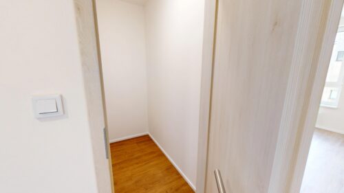 Small empty closet alcove with white walls, light wood trim, partially open door, and wood floor; light switch on left wall.