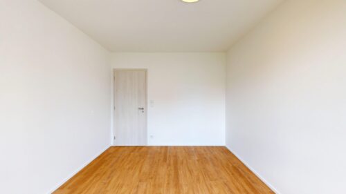 Empty white room with light wood flooring and a single wooden door on the left wall.