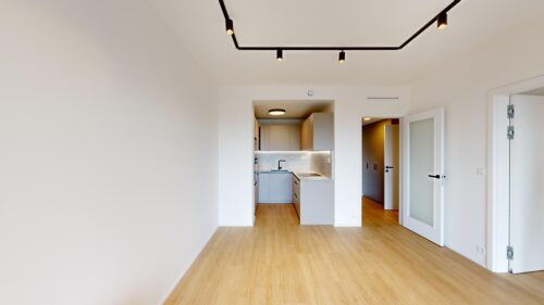 Bright, empty modern living space with an open kitchen visible through a doorway, white walls and light wood floors.