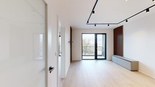 Bright, minimalist hallway leading to a glass balcony door, with white walls, light wood flooring, and black ceiling track lights.