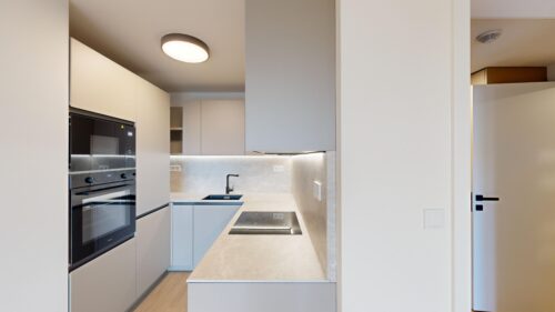 Modern galley kitchen with light grey cabinets, built-in oven, and an island countertop with stovetop and sink edges visible in a bright, minimalist space.