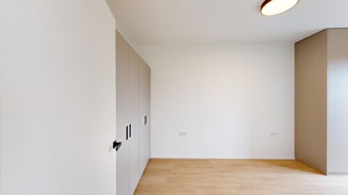 Minimalist room with gray built-in cabinets along the left wall, light wood floor, and a tan panel on the right wall.