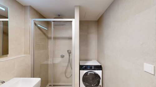 Modern bathroom with a glass shower enclosure and beige tiled walls; a front-loading washing machine sits to the right.