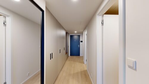 Narrow hallway with a row of tall beige cabinets along the left wall and a blue door at the far end; light wood floor.