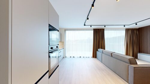 Open-concept living area with built-in kitchen appliances along the left, grey sofas, and large windows with sheer curtains letting in light.