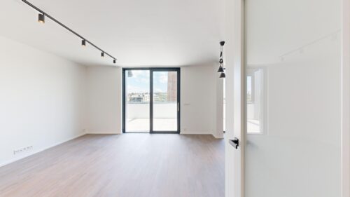 Bright empty living room with light wood floor and large glass balcony door, track lighting on ceiling, overlooking an outdoor space.