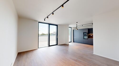 Open-plan living space with large glass doors to a balcony, wood flooring, and a dark-gray kitchen in the background.