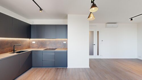 Modern kitchen with dark gray handleless cabinets, rust backsplash, and a black sink on a wooden floor.