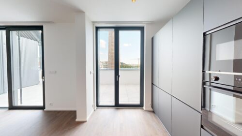Modern kitchen with gray full-height cabinets and built-in ovens on the right, glass doors open to a balcony outside and a view beyond.