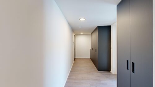 Bright modern hallway with light wood flooring, white walls, and tall dark gray storage cabinets along the right side.