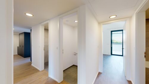 Bright modern hallway with white walls and multiple doorway frames, wood flooring, and recessed ceiling lights; a dark blue built-in cabinet visible in the background.