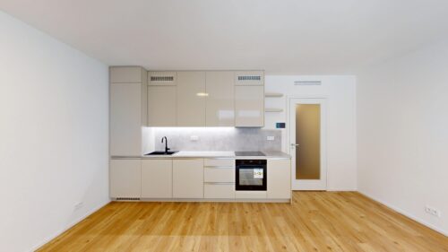 Modern beige kitchen with built-in cabinets, black sink, and stainless oven, set on light wood flooring.