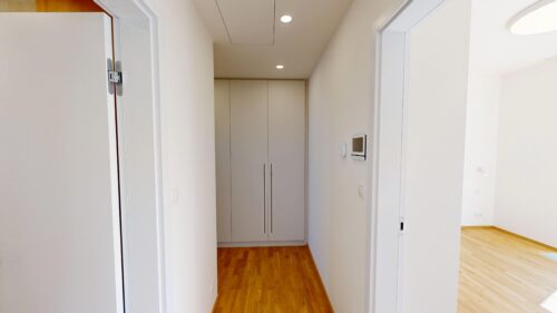 Bright minimalist hallway with white walls, light recessed ceiling lights, and a tall storage cabinet at the far end on a wooden floor