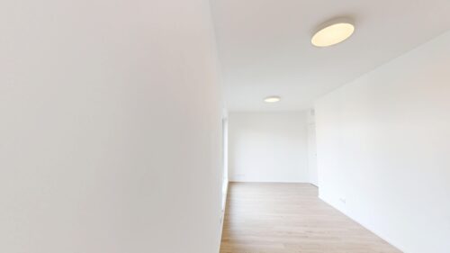 Bright white hallway with wood flooring and two circular ceiling lights in a minimalist interior