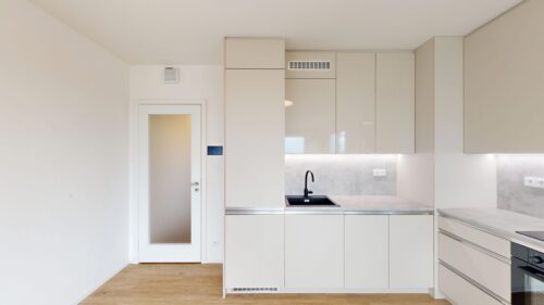Minimalist white kitchen with handleless cabinets, a black sink, and built-in appliances along a light wood floor